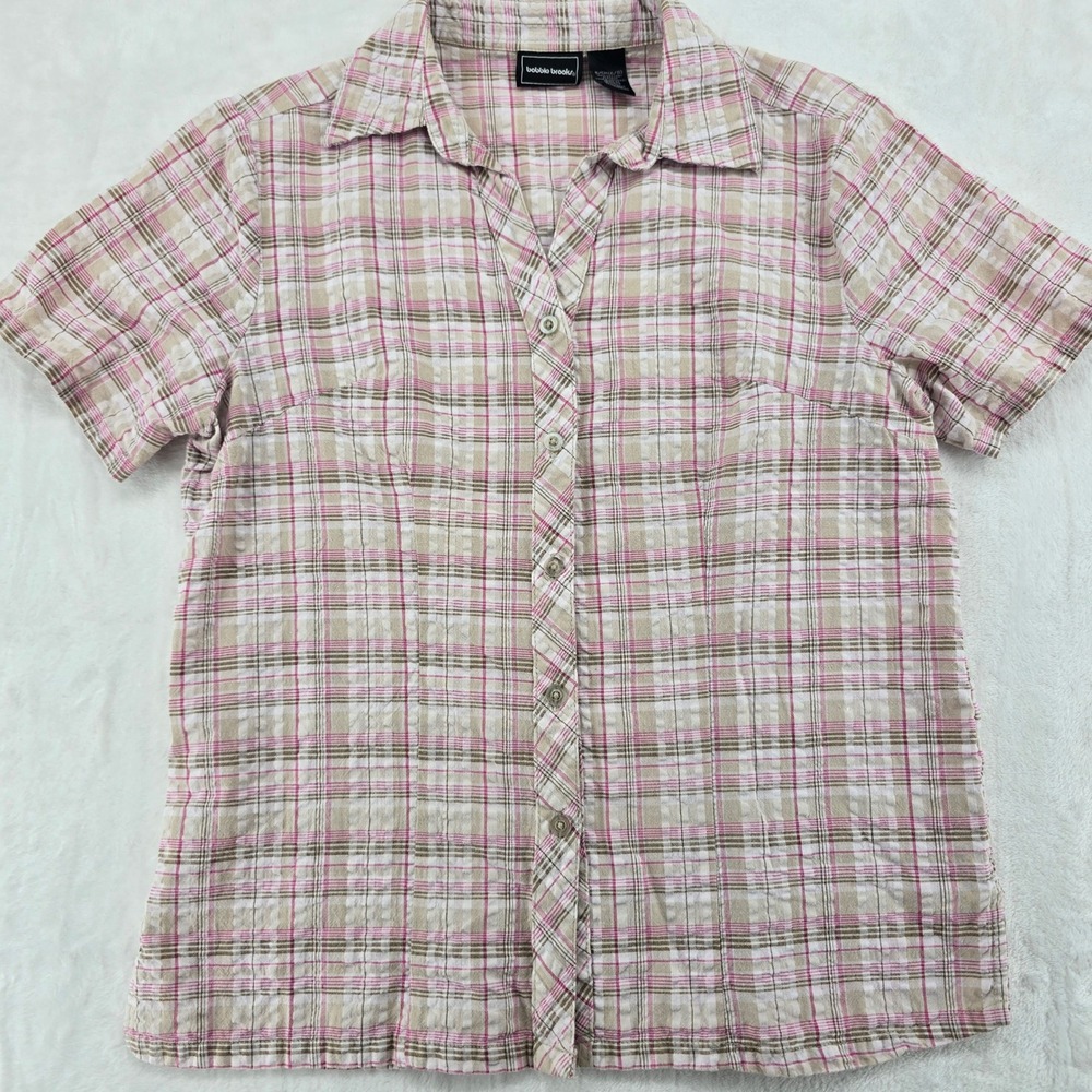Bobbie Brooks Shirt Womens S Button Up Short Sleeve Pink Tan Plaid Cotton 6701
